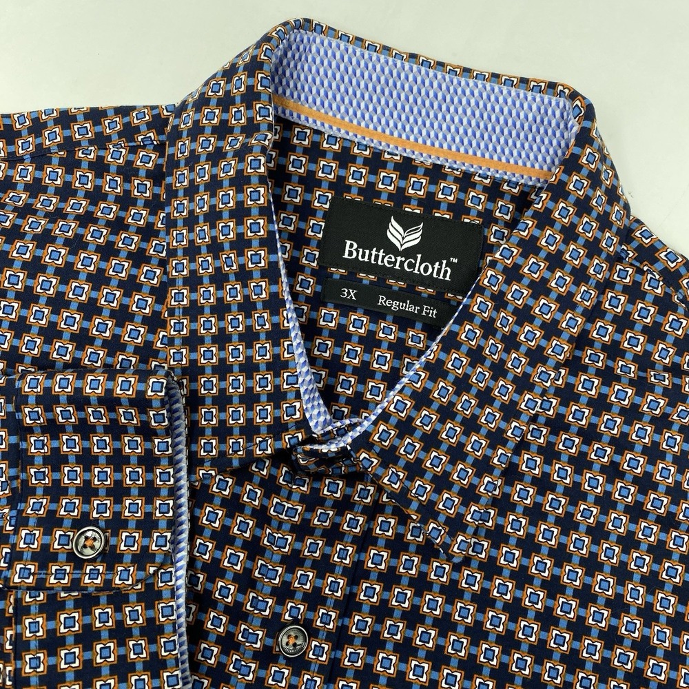 Buttercloth Button Down Shirt Mens 3X Navy Blue Geometric Knit Regular Fit